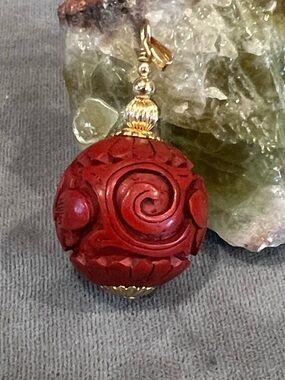 Vintage Pendant, Chinese Floral Carved Cinnabar bead